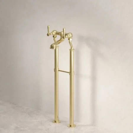 Linton Floor Mounted 2 Hole Bath Filler with 620mm Standpipes - Metal Lever - Timeless Brass