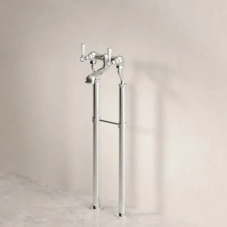 Linton Floor Mounted Bath Filler with 620mm Standpipes & White Levers in Chrome