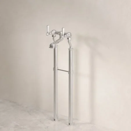 Linton Classic Floor Mounted Bath Filler with 620mm Standpipes & White Levers in Polished Nickel