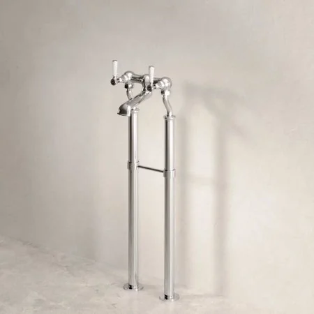 Linton Floor Mounted 2 Hole Bath Filler with 620mm Standpipes - White Lever - Chrome