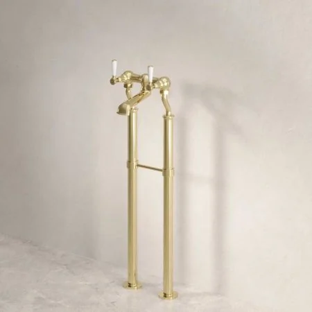 Linton Floor Mounted 2 Hole Bath Filler with 725mm Standpipes - White Lever - Timeless Brass