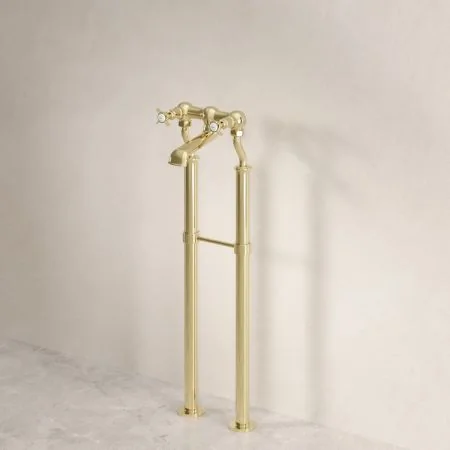 Linton Classic Floor Mounted Bath Filler with 725mm Standpipes & Crossheads in Timeless Brass