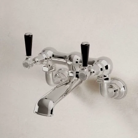 Linton Wall Mounted 2 Hole Bath Filler - Black Lever - Polished Nickel