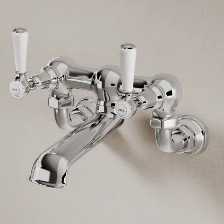 Linton Classic Bath Filler Tap Wall Mounted White Lever Chrome