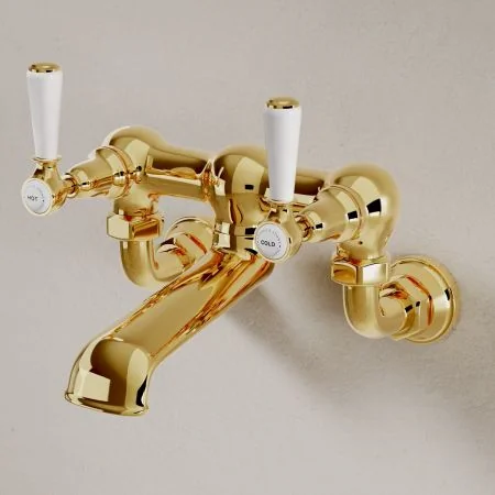 Linton Classic Bath Filler Tap Wall Mounted White Lever Living Brass