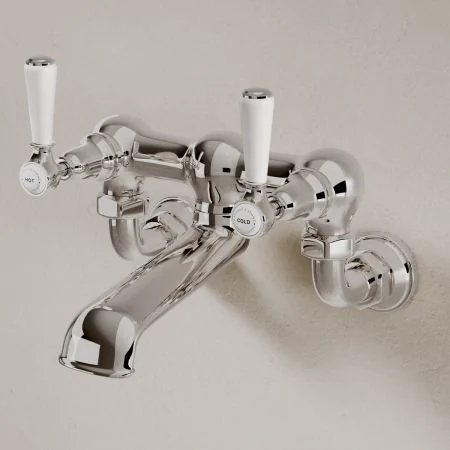 Linton Classic Bath Filler Tap Wall Mounted White Lever Polished Nickel