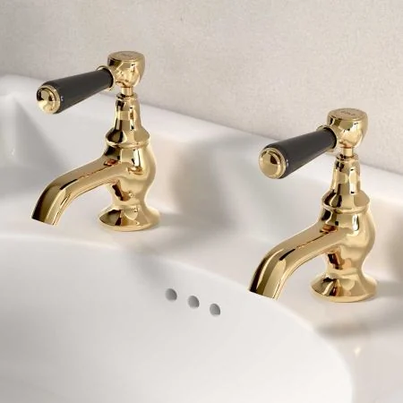 Linton Deck Mounted Basin Pillar Taps - Black Lever - Living Brass