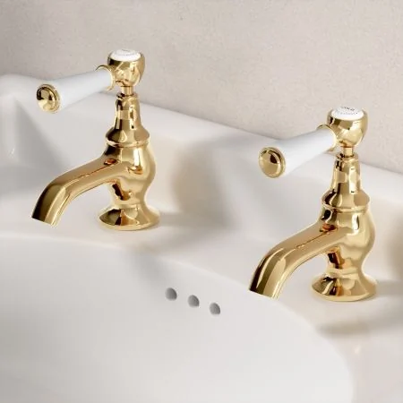 Linton Classic 1/2BSP Basin Pillar Taps White Lever Living Brass