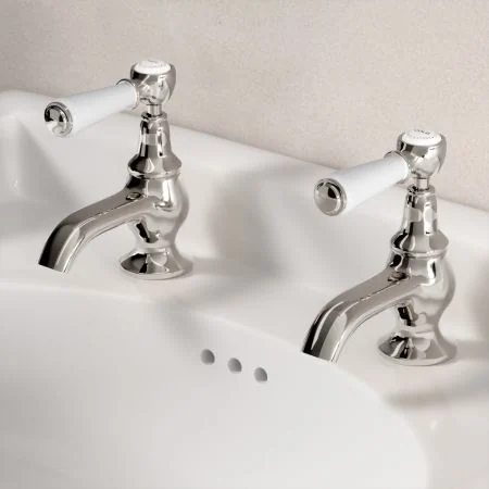 Linton Classic Basin Pillar Taps with White Levers in Polished Nickel