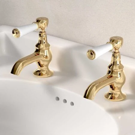 Linton 1/2BSP Basin Pillar Taps White Lever Living Brass