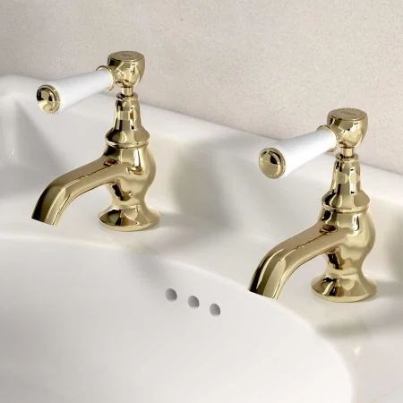 Linton Deck Mounted Basin Pillar Taps - White Lever - Timeless Brass