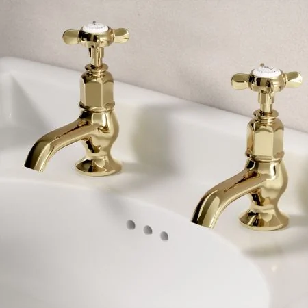 Linton Classic Basin Pillar Taps with Crossheads in Timeless Brass