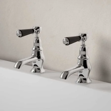 Linton Deck Mounted Bath Pillar Taps - Black Lever - Chrome