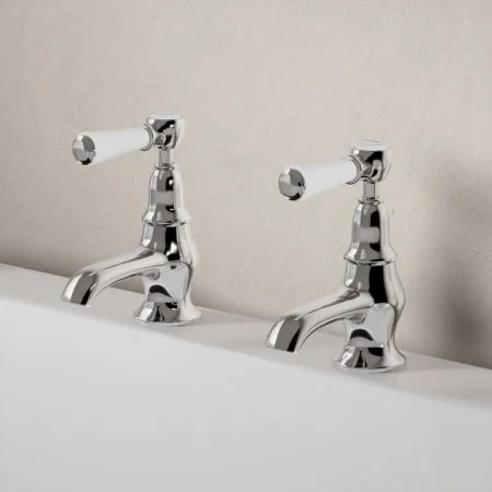 Linton Classic Bath Pillar Taps with White Levers in Chrome