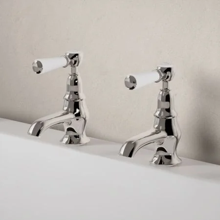 Linton Classic Bath Pillar Taps with White Levers in Polished Nickel
