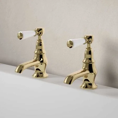 Linton Deck Mounted Bath Pillar Taps - White Lever - Timeless Brass