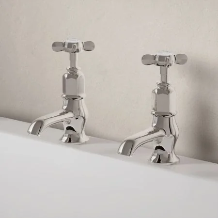 Linton Classic Bath Pillar Taps with Crosshead in Polished Nickel