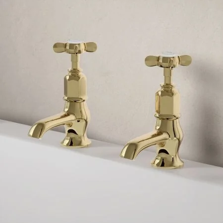 Linton Classic Bath Pillar Taps with Crosshead in Timeless Brass
