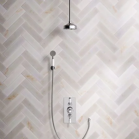 Linton Classic Dual Outlet Concealed Shower with Handshower Hook, 210mm Ceiling Arm, 6" Rose & White Levers in Chrome