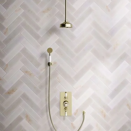Linton Classic Dual Outlet Shower Kit - Concealed Valve - 6 inch Rose - White Ceramic Lever - Handshower Hook - Ceiling Mounted Rose - Timeless Brass