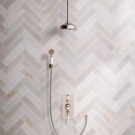 Linton Classic Dual Outlet Concealed Shower with Handshower Hook, 210mm Ceiling Arm, 8" Rose & White Levers in Polished Nickel