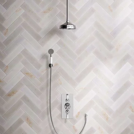 Linton Dual Outlet Concealed Shower with Handshower Hook, 210mm Ceiling Arm, 8" Rose & White Levers in Chrome