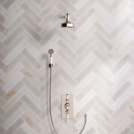 Linton Classic Dual Outlet Concealed Shower with Handshower Hook, 500mm Wall Arm, 6" Rose & White Levers in Polished Nickel