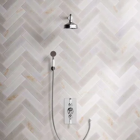 Linton Dual Outlet Concealed Shower with Handshower Hook, 500mm Wall Arm, 6" Rose & White Levers in Chrome