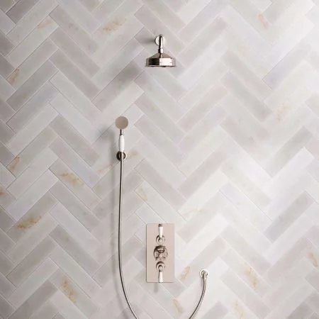 Linton Dual Outlet Concealed Shower with Handshower Hook, 500mm Wall Arm, 6" Rose & White Levers in Polished Nickel