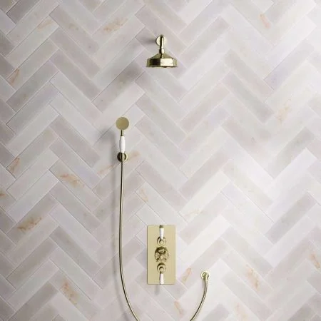 Linton Dual Outlet Concealed Shower with Handshower Hook, 500mm Wall Arm, 6" Rose & White Levers in Timeless Brass