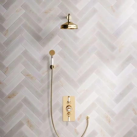Linton Classic Dual Outlet Shower Kit - Concealed Valve - 8 inch Rose - White Ceramic Lever - Handshower Hook - Living Brass