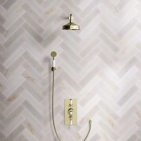 Linton Classic Dual Outlet Shower Kit - Concealed Valve - 8 inch Rose - 500mm Shower Arm - White Ceramic Lever - Handshower Hook - Timeless Brass
