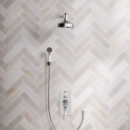 Linton Dual Outlet Concealed Shower with Handshower Hook, 500mm Wall Arm, 8" Rose & White Levers in Chrome