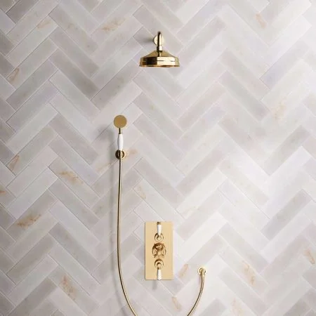 Linton Dual Outlet Shower Kit - Concealed Valve - 8 inch Rose - White Ceramic Lever - Handshower Hook - Living Brass