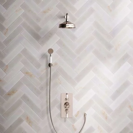 Linton Dual Outlet Concealed Shower with Handshower Hook, 500mm Wall Arm, 8" Rose & White Levers in Polished Nickel