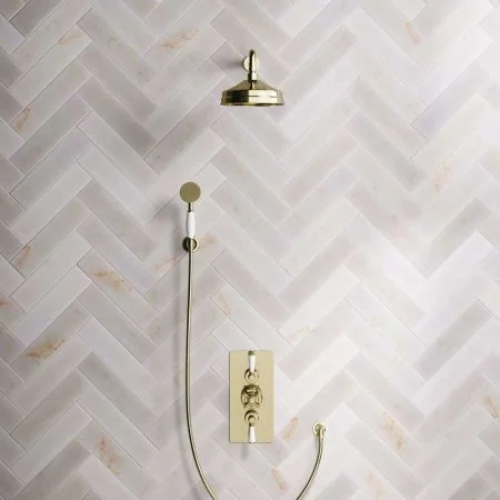 Linton Dual Outlet Shower Kit - Concealed Valve - 8 inch Rose - 500mm Shower Arm - White Ceramic Lever - Handshower Hook - Timeless Brass