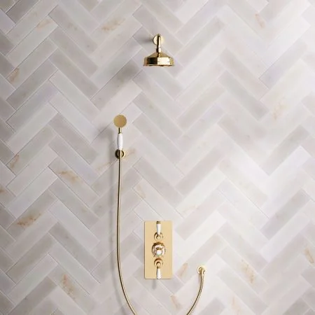 Linton Classic Dual Outlet Shower Kit - Concealed Valve - 6 inch Rose - White Ceramic Lever - Handshower Hook - Living Brass