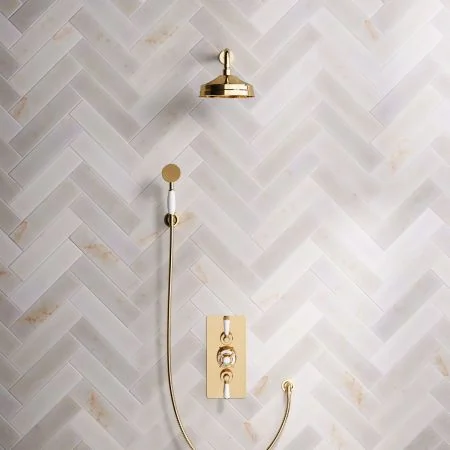 Linton Classic Dual Outlet Shower Kit - Concealed Valve - 8 inch Rose - White Ceramic Lever - Handshower Hook - Living Brass