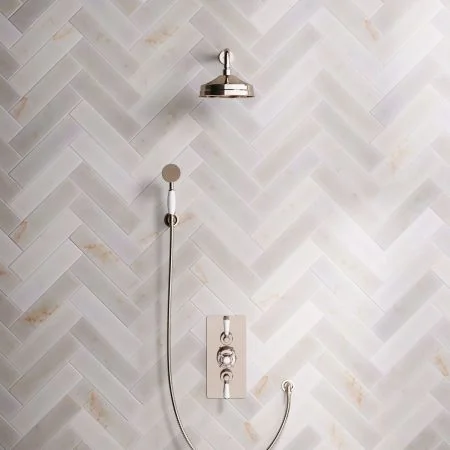 Linton Classic Dual Outlet Concealed Shower with Handshower Hook, 300mm Wall Arm, 8" Rose & White Levers in Polished Nickel