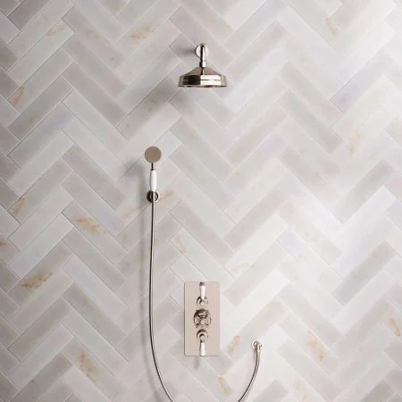 Linton Dual Outlet Concealed Shower with Handshower Hook, 300mm Wall Arm, 8" Rose & White Levers in Polished Nickel