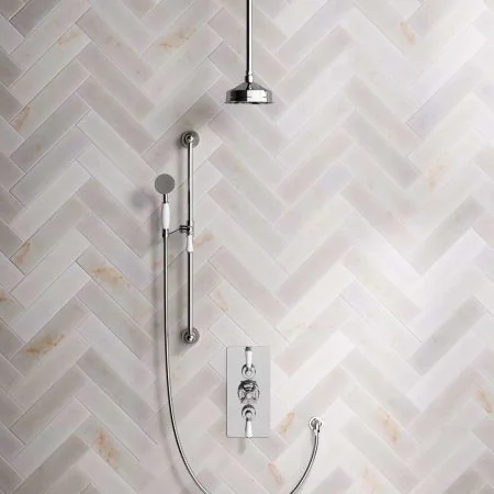 Linton Dual Outlet Concealed Shower with Slider Rail, 210mm Ceiling Arm, 6" Rose & Metal Levers in Chrome
