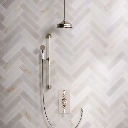 Linton Classic Dual Outlet Concealed Shower with Slider Rail, 210mm Ceiling Arm, 8" Rose & Metal Levers in Polished Nickel