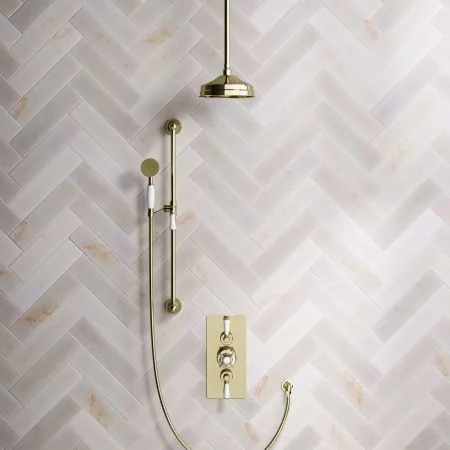 Linton Classic Dual Outlet Shower Kit - Concealed Valve - 8 inch Rose - White Ceramic Lever - Handshower Slider-Rail - Ceiling Mounted Rose - Timeless Brass