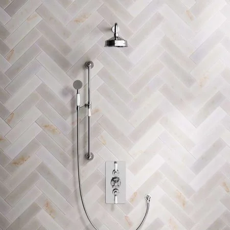 Linton Dual Outlet Shower Kit - Concealed Valve - 8 or 6 inch Rose - White Ceramic Lever - Handshower Slider-Rail