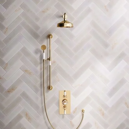 Linton Classic Dual Outlet Shower Kit - Concealed Valve - 8 inch Rose - White Ceramic Lever - Handshower Slider-Rail - Living Brass