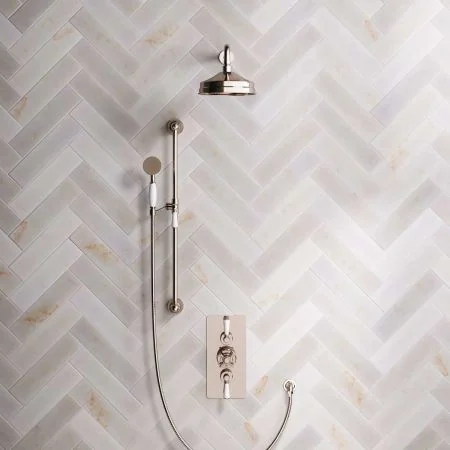 Linton Dual Outlet Concealed Shower with Slider Rail, 500mm Wall Arm, 8" Rose & Metal Levers in Polished Nickel