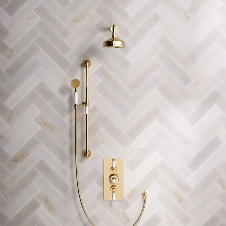 Linton Classic Dual Outlet Shower Kit - Concealed Valve - 6 inch Rose - White Ceramic Lever - Handshower Slider-Rail - Living Brass