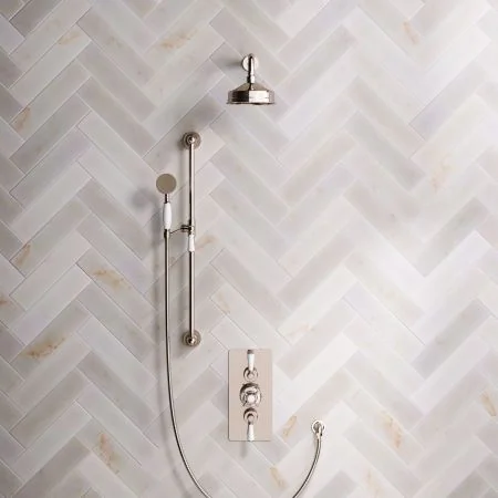 Linton Classic Dual Outlet Concealed Shower with Slider Rail, 300mm Wall Arm, 6" Rose & Metal Levers in Polished Nickel