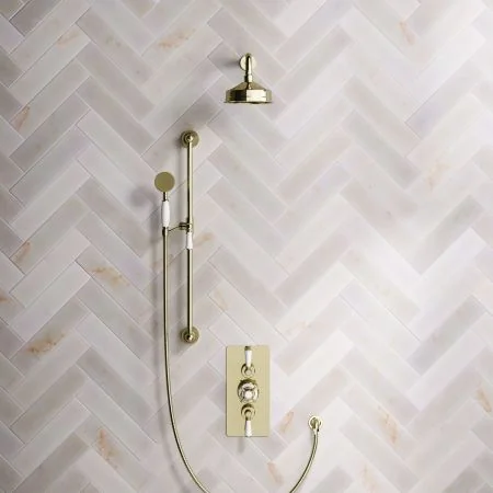 Linton Classic Dual Outlet Shower Kit - Concealed Valve - 6 inch Rose - White Ceramic Lever - Handshower Slider-Rail - Timeless Brass