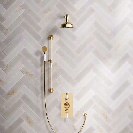 Linton Dual Outlet Shower Kit - Concealed Valve - 6 inch Rose - White Ceramic Lever - Handshower Slider-Rail - Living Brass